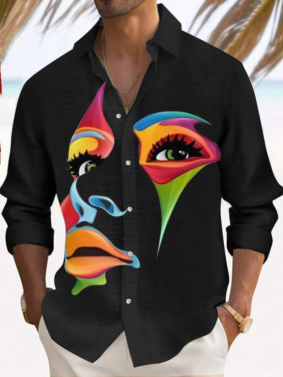 Men's Hawaiian Shirt Art Face Print Casual Vacation Oversized Long Sleeve Shirt