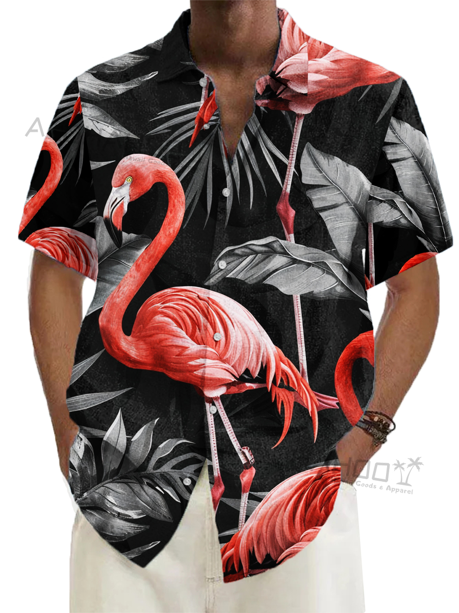 Alohahoo X Artist Tropical Flamingo Palm Pattern Loose Short-Sleeved Shirt