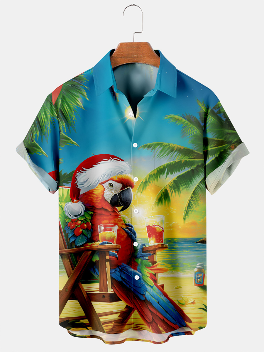 Men's Hawaiian Shirts Christmas Seaside Parrot Print Aloha Shirts