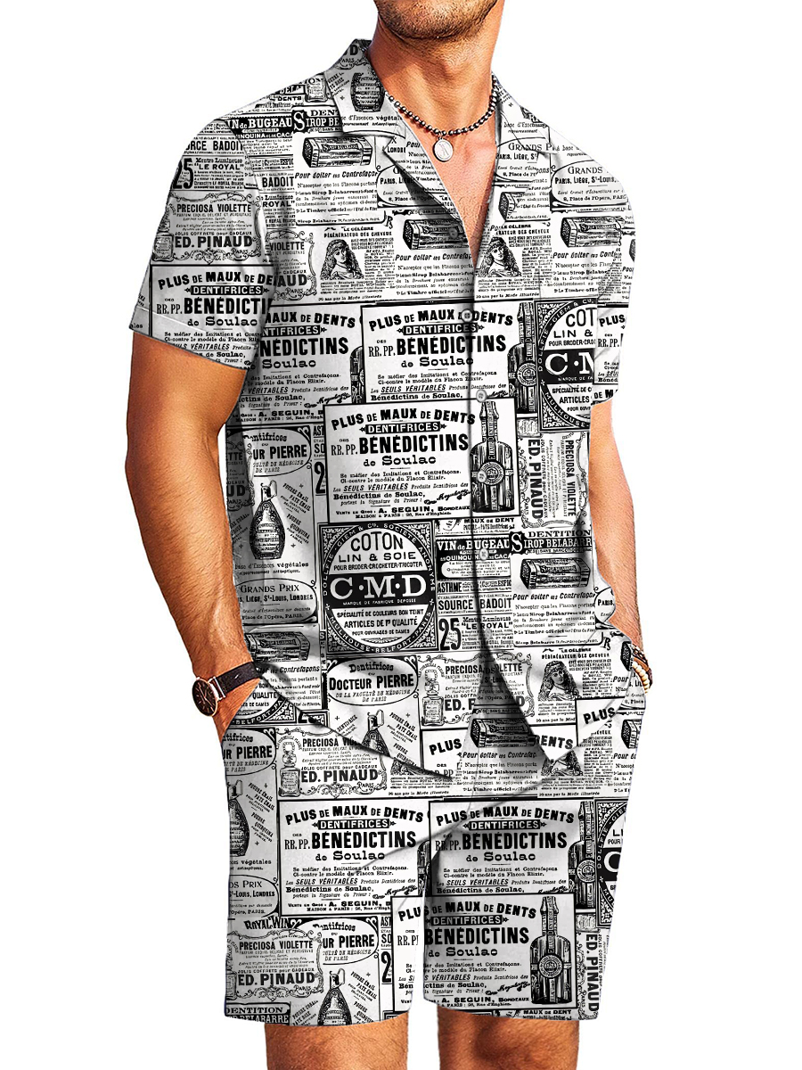 Men's Sets Vintage Newspaper Pattern Button Down Pocket Two-Piece Shirt Shorts Set