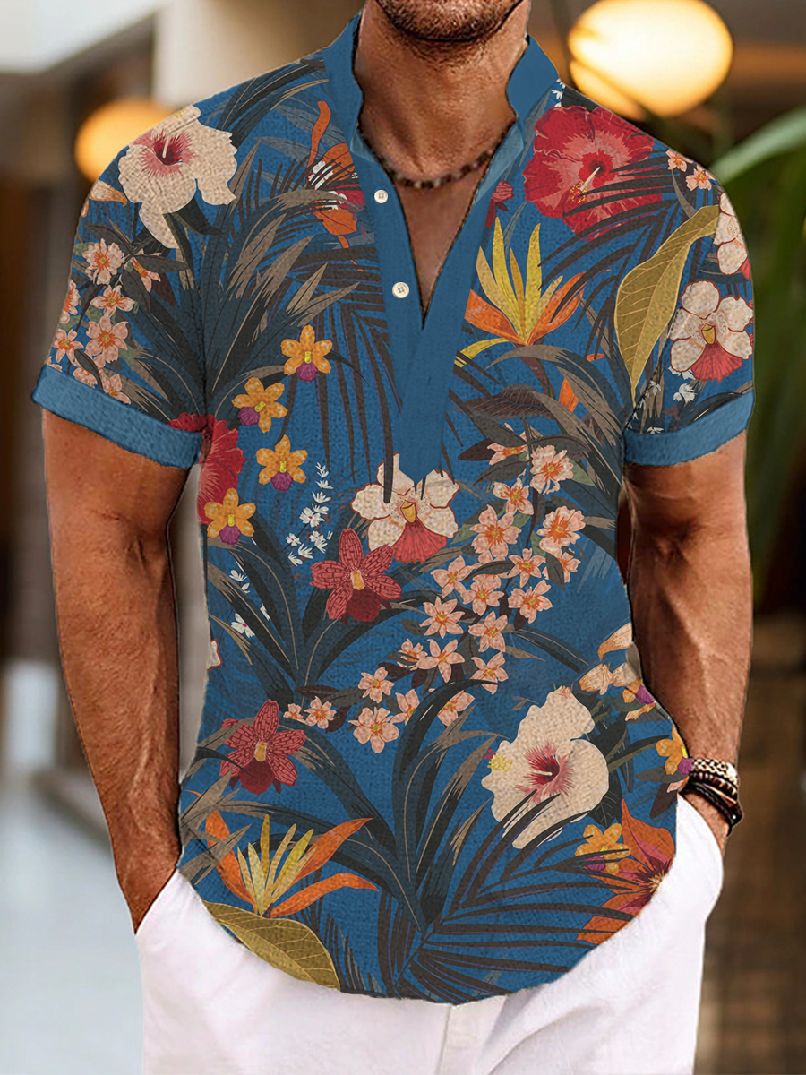Men's Cotton-Linen Shirts Floral Casual Natural Breathable Summer Lightweight Hawaiian Shirts