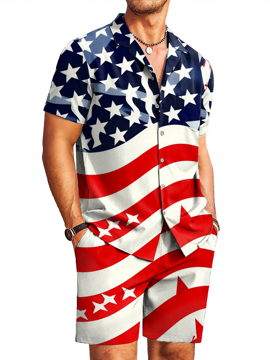 Men's Sets Independence Flag Print Button Pocket Two-Piece Hawaiian Shirt Shorts Set