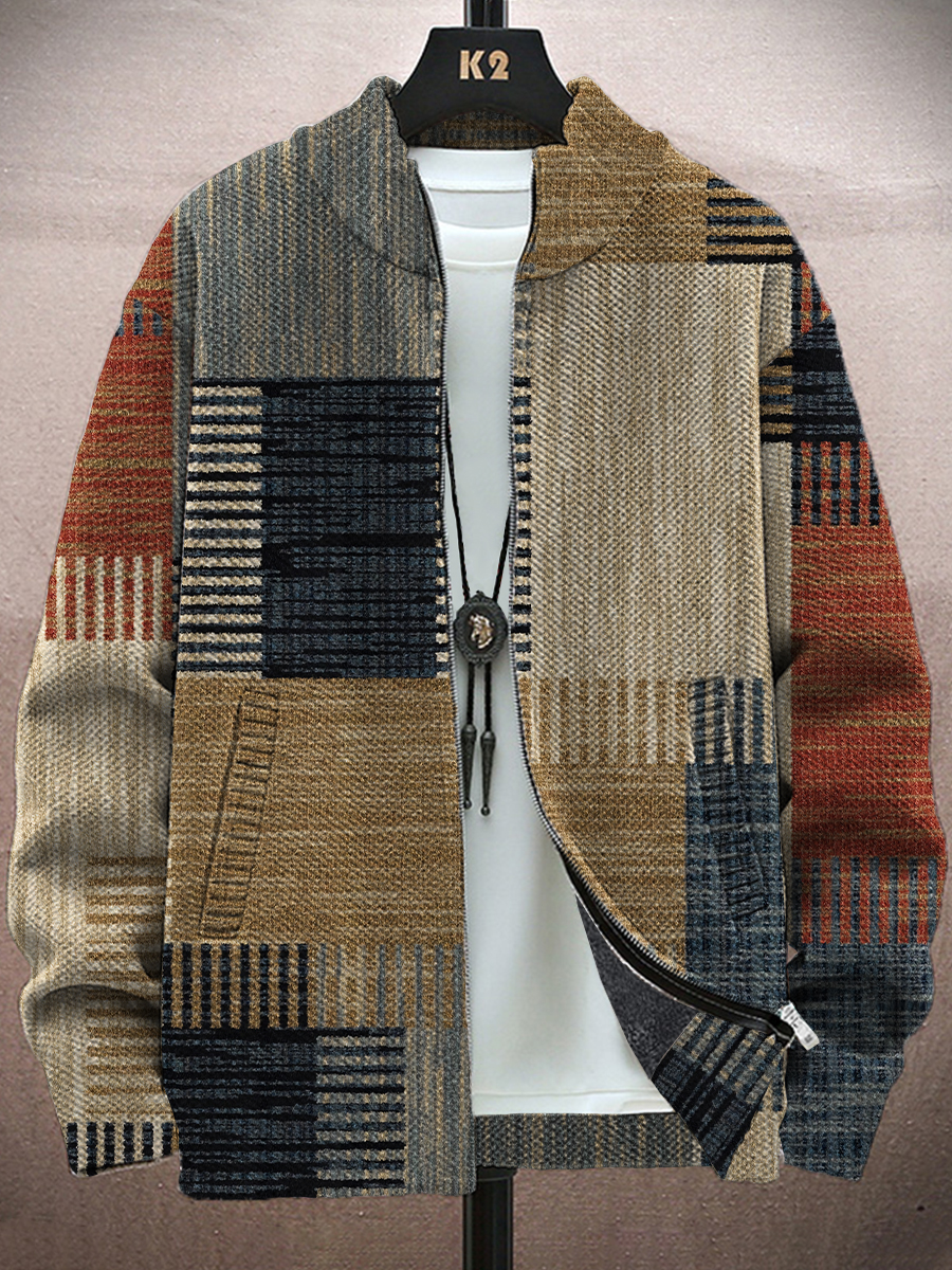 Men's Jacket Vintage Colorblock Print Long-Sleeved Zip Cardigan Jacket