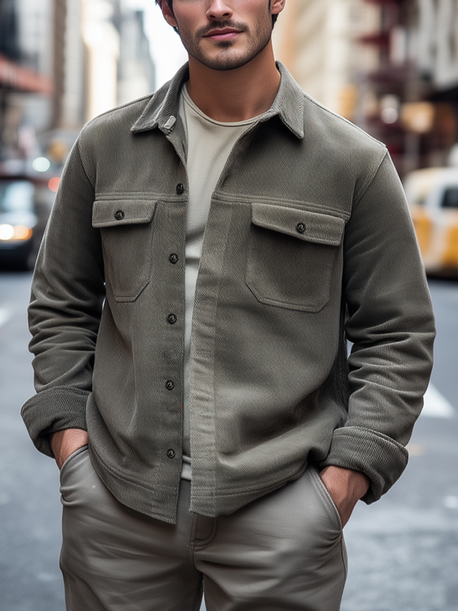 Olive Green Corduroy Button-Up Jacket with Utility Pockets