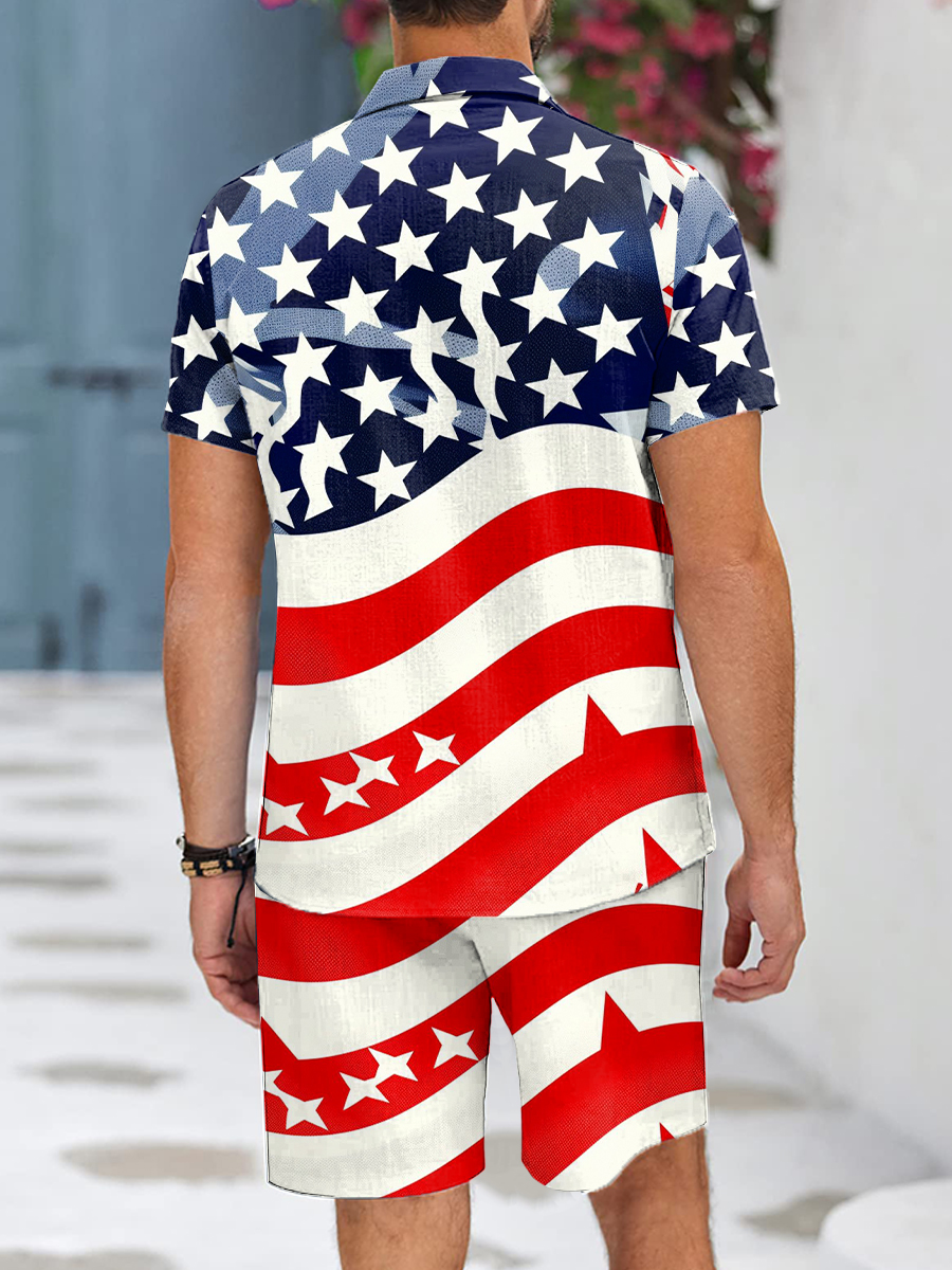 Men's Sets Independence Flag Print Button Pocket Two-Piece Hawaiian Shirt Shorts Set
