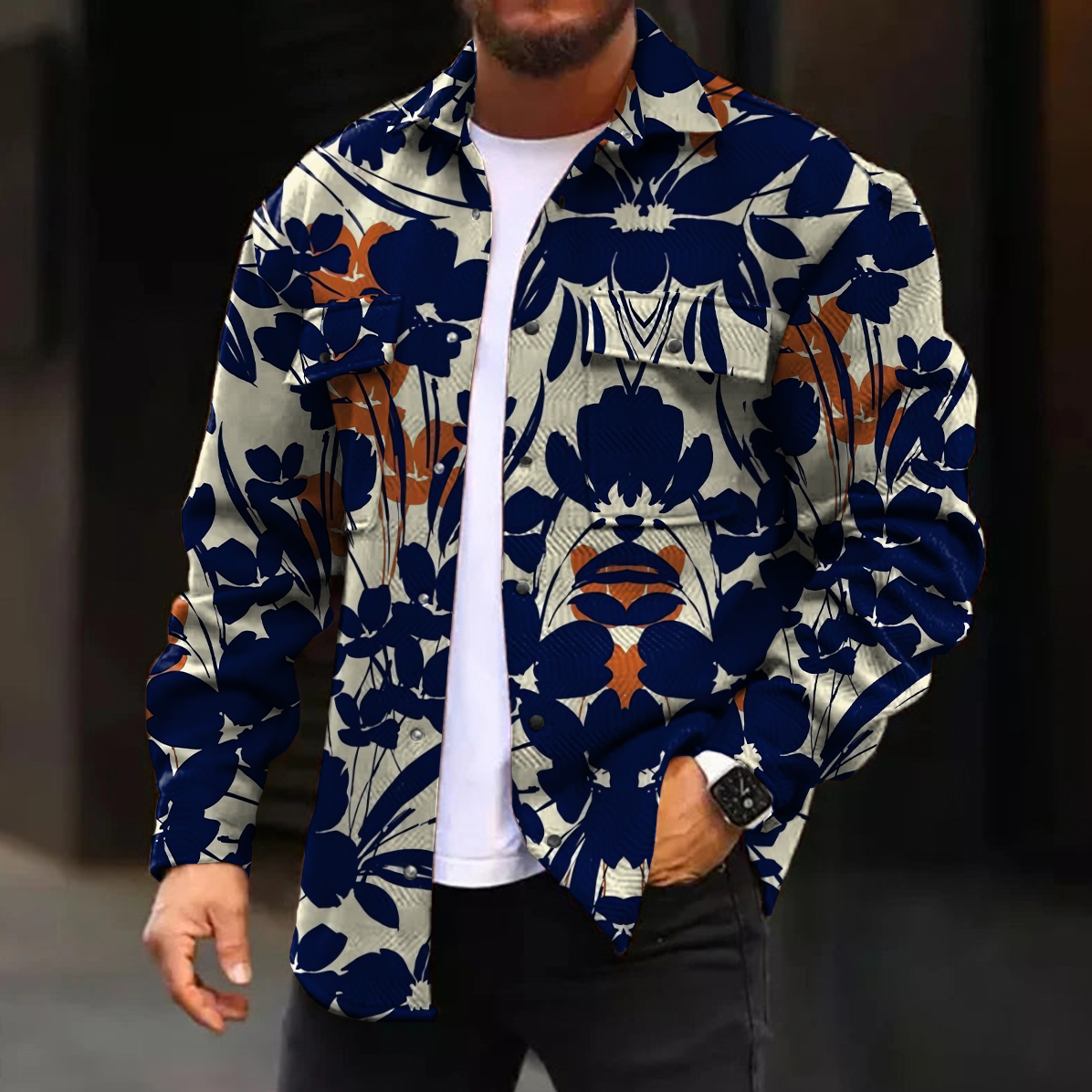 Men's Casual Jacket Floral Print Long Sleeve Pockets Jacket
