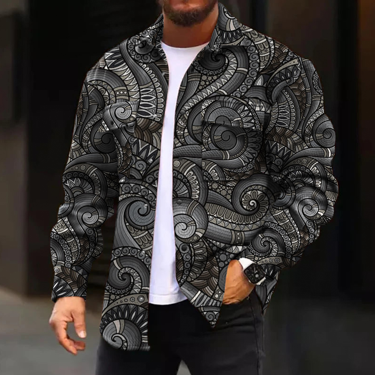 Men's Casual Jacket Post-impressionist Abstract Pattern Long Sleeve Pockets Shirt Jacket