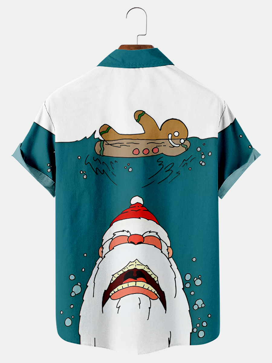 Men's Hawaiian Shirts Fun Christmas Gingerbread Man Santa Swim Print Aloha Shirts