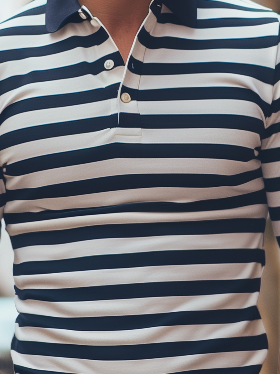 Men's Navy Blue Stripes Long Sleeve Button Polo Shirt