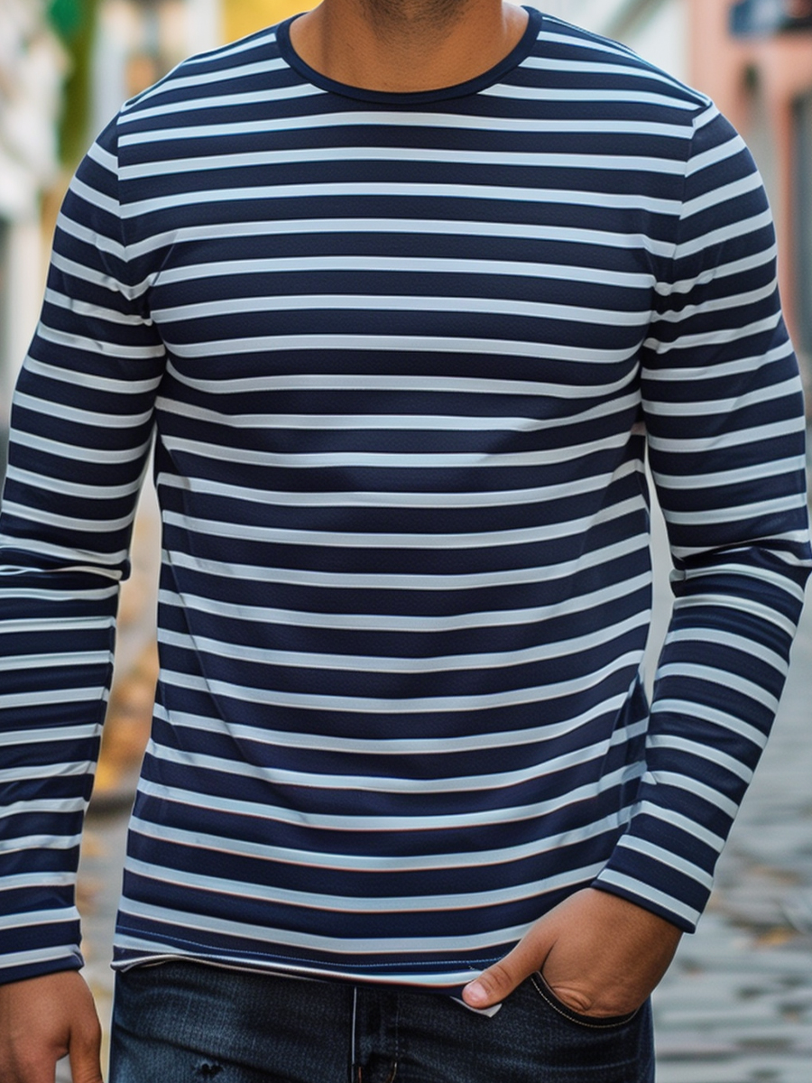 Men's Navy and White Stripes Long Sleeve T-Shirt For Fall
