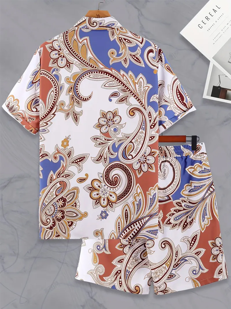 Men's Sets Hawaiian Vintage Paisley Print Button Pocket Two-Piece Shirt Shorts Set