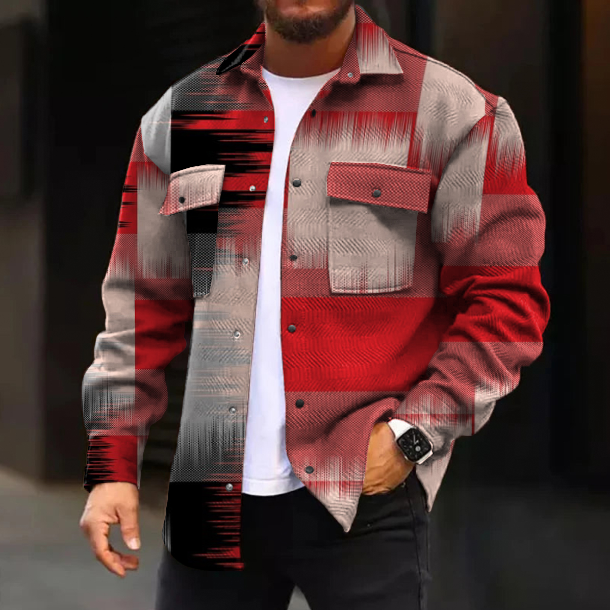 Men's Casual Jacket Fashion Black Red Art Printed Long Sleeve Pocket Jacket