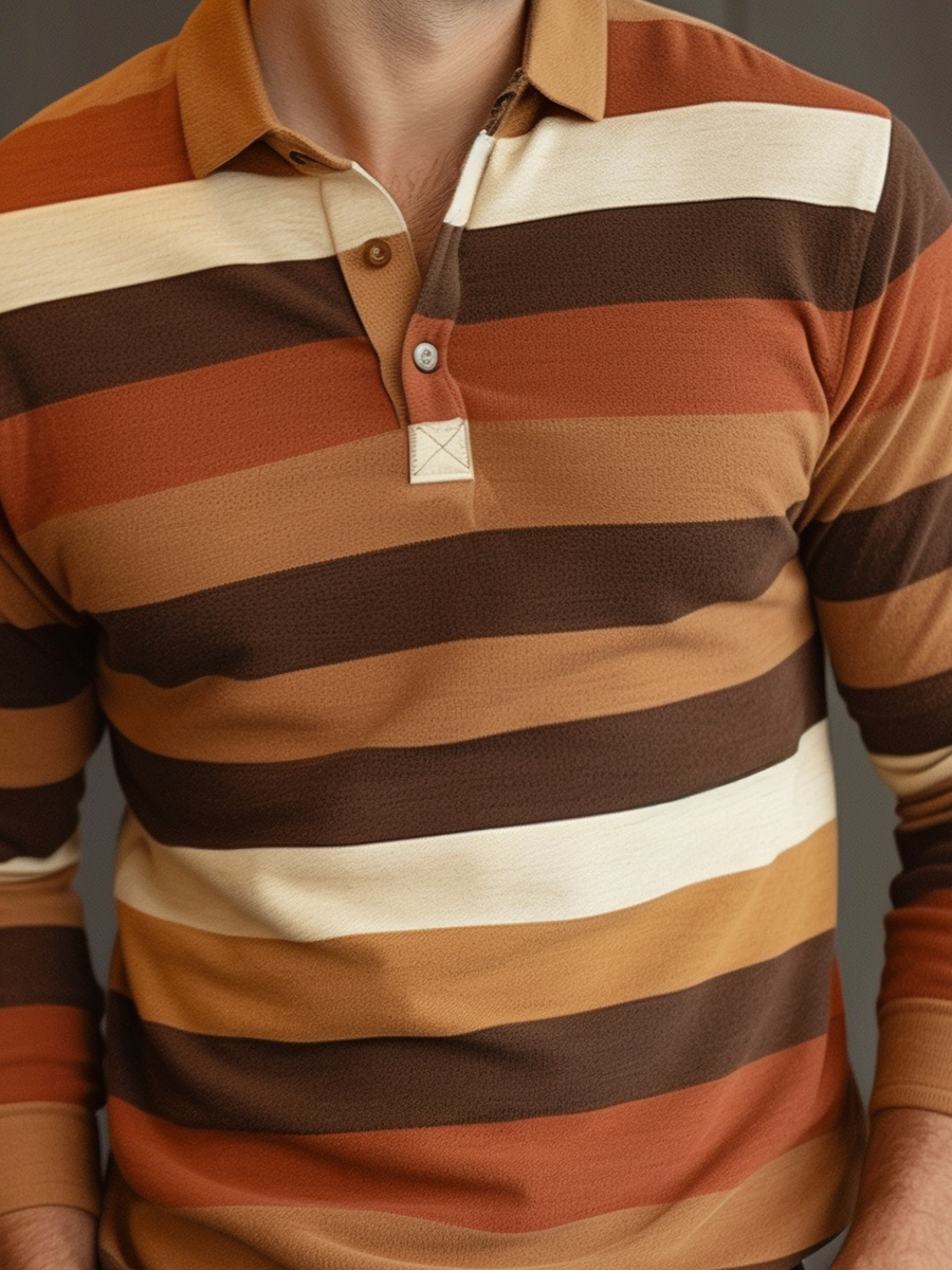 Men's Brown Stripes Long Sleeve Button Polo Shirt