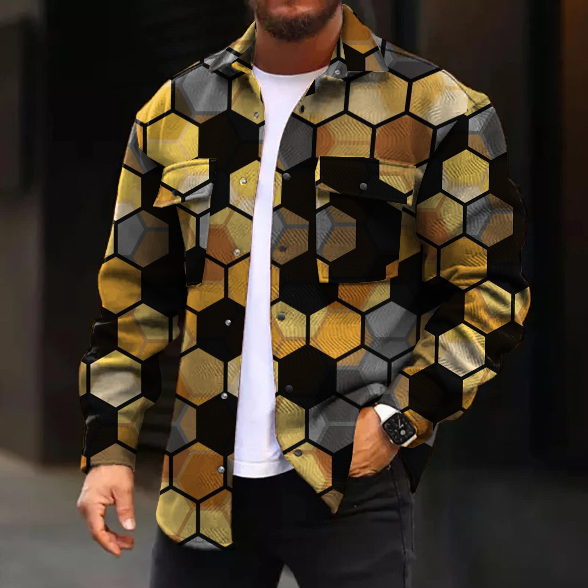Men's Casual Jacket Hexagon Plaid Print Long Sleeve Pockets Shirt Jacket