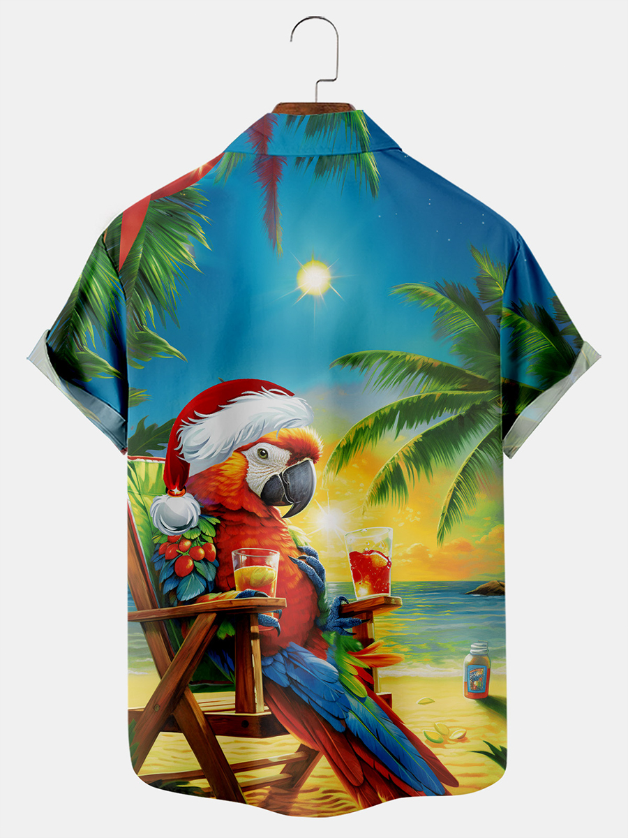 Men's Hawaiian Shirts Christmas Seaside Parrot Print Aloha Shirts