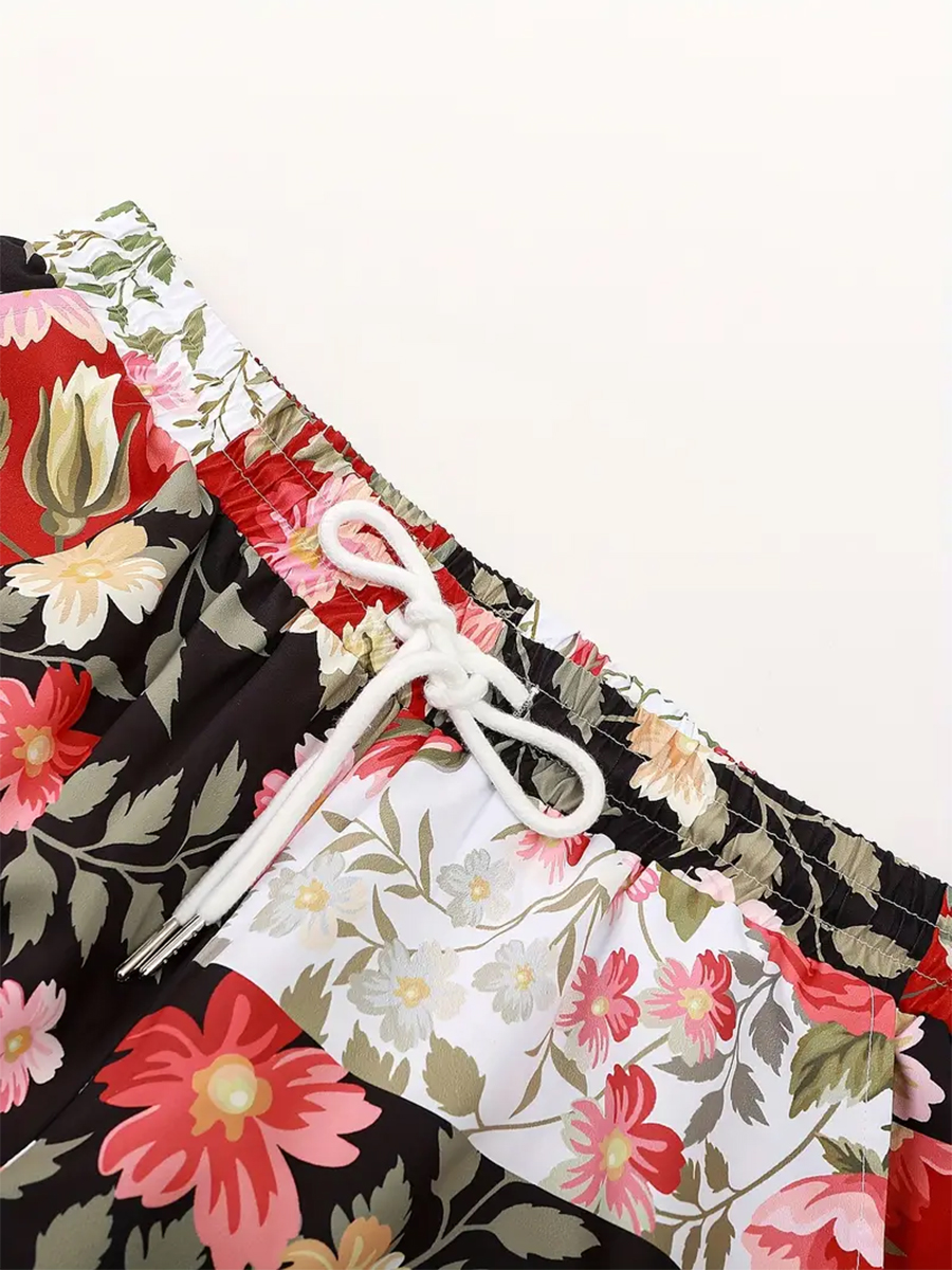 Men's Sets Floral Patchwork Button Down Two-Piece Shirt Shorts Set