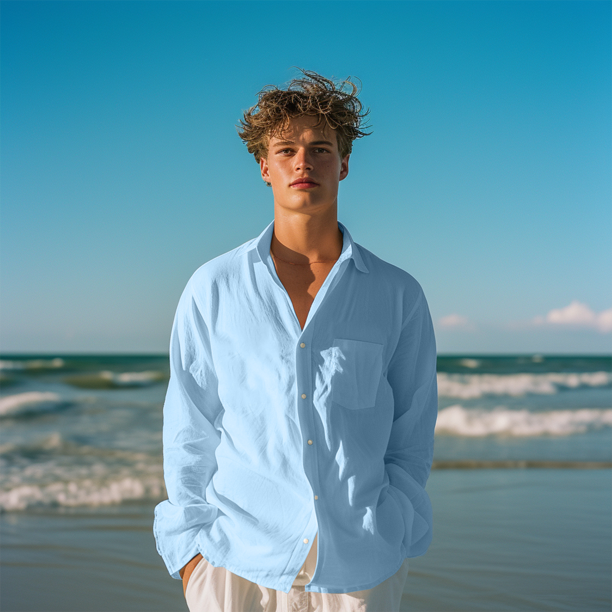 Basic Solid Color Long Sleeve Pocket Hawaiian Shirt