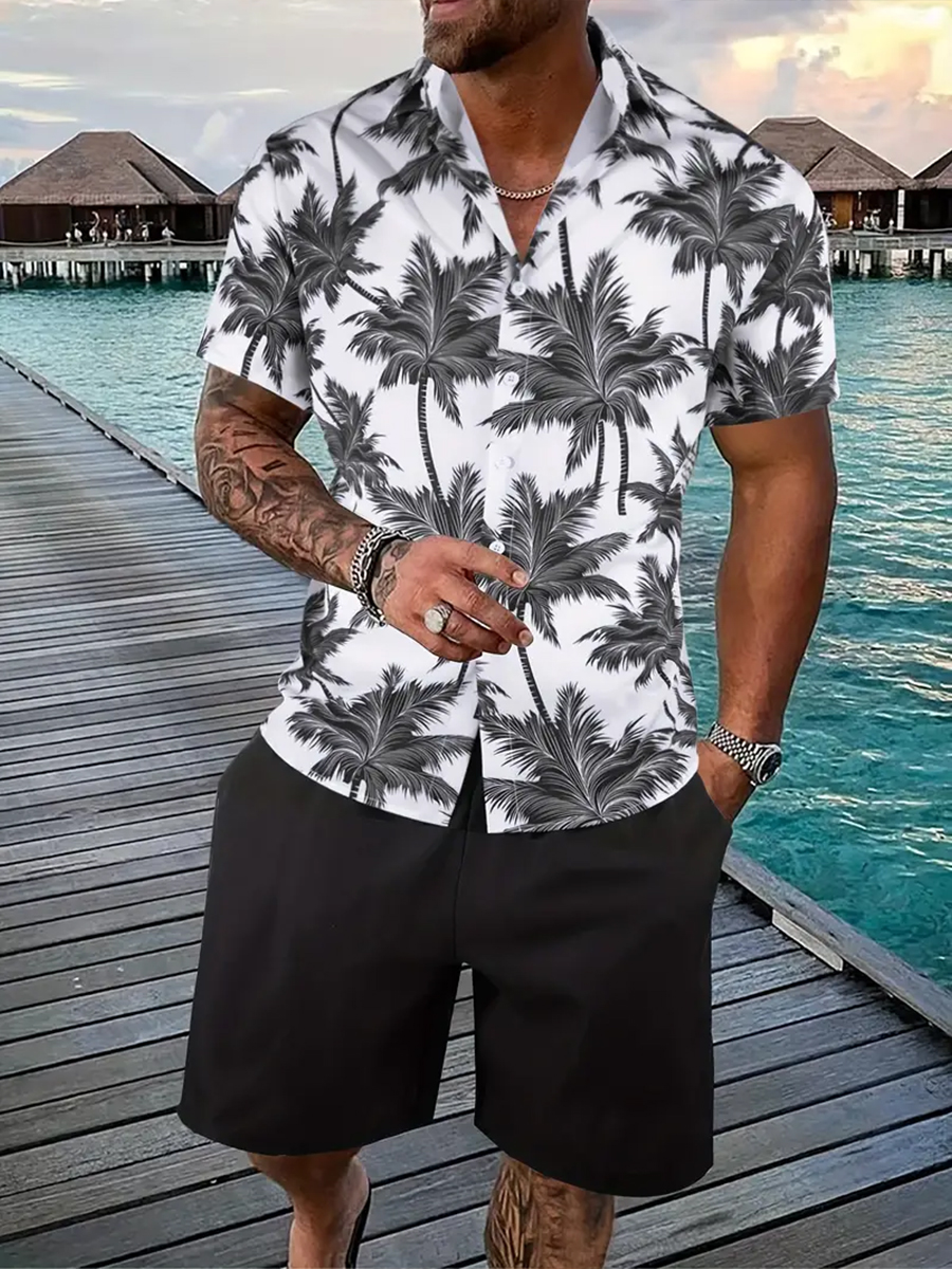 Men's Sets Hawaii Palm tree Button Down Two-Piece Shirt Shorts Set