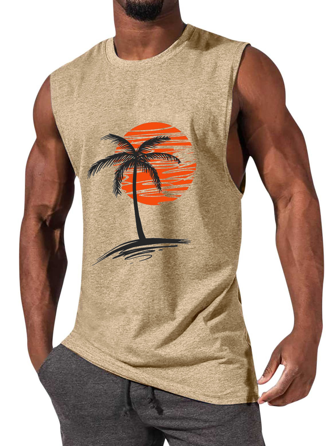 Men's Comfortable Solid Color Hawaiian Coconut Sleeveless Print T-shirt