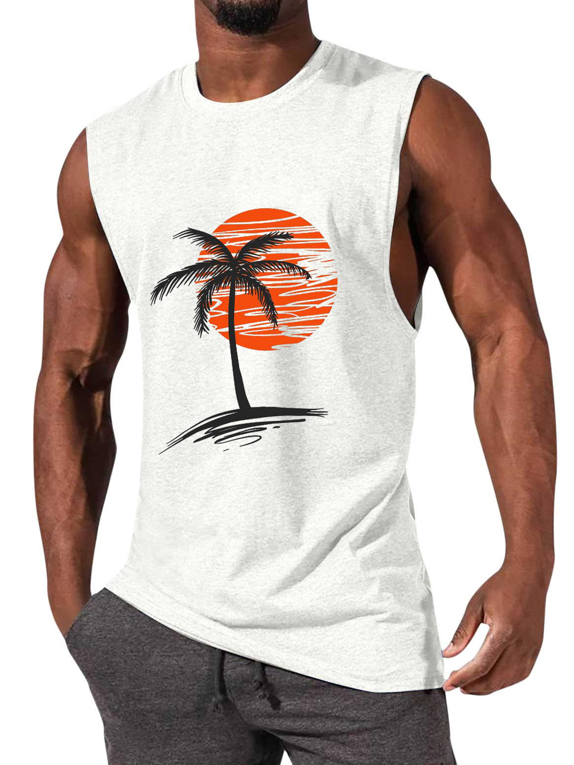Men's Comfortable Solid Color Hawaiian Coconut Sleeveless Print T-shirt