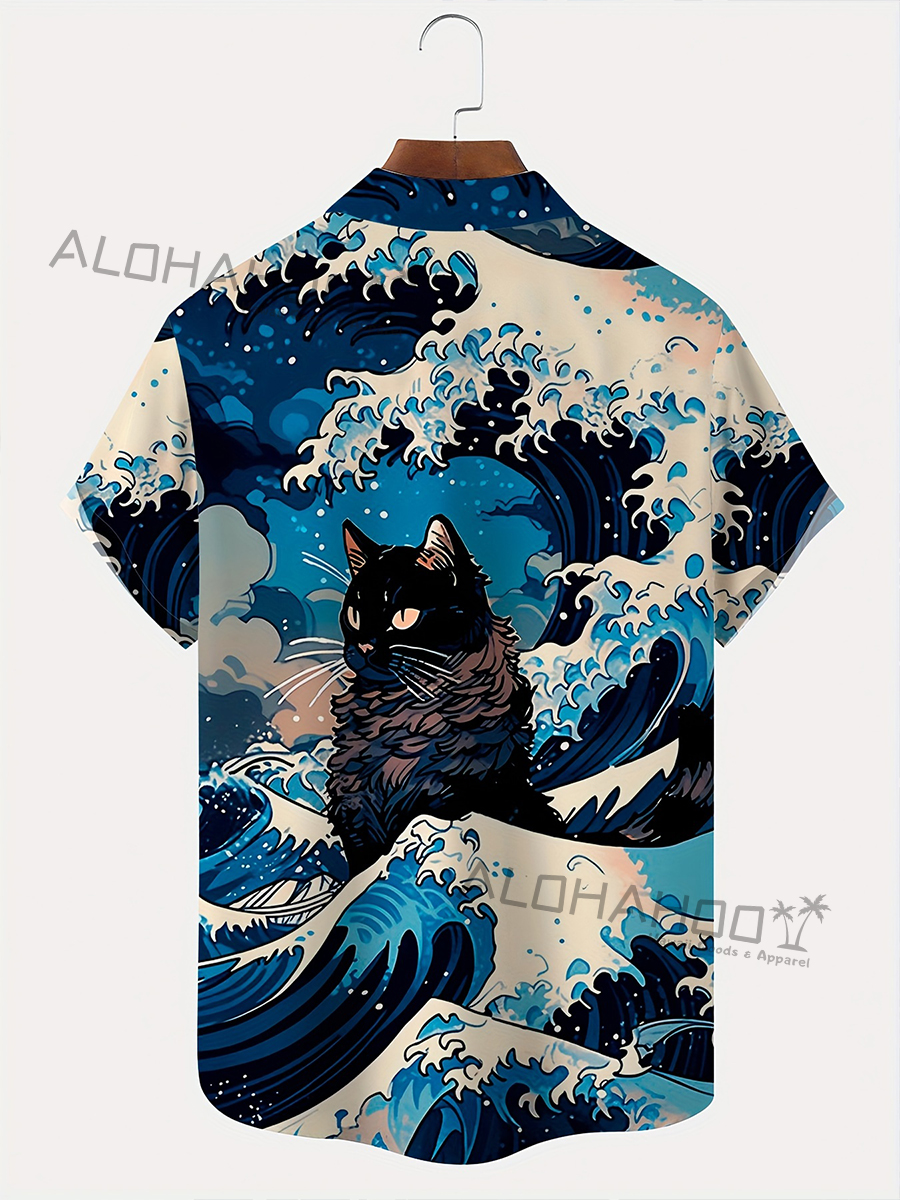 Men's Hawaiian Shirts Japanese Style Ukiyo-e Cat Pattern Loose Short-Sleeved Shirt
