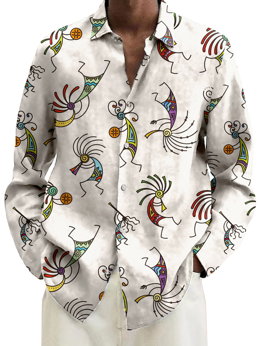 Retro Kokopelli Pattern Casual Loose Long Sleeved Shirt