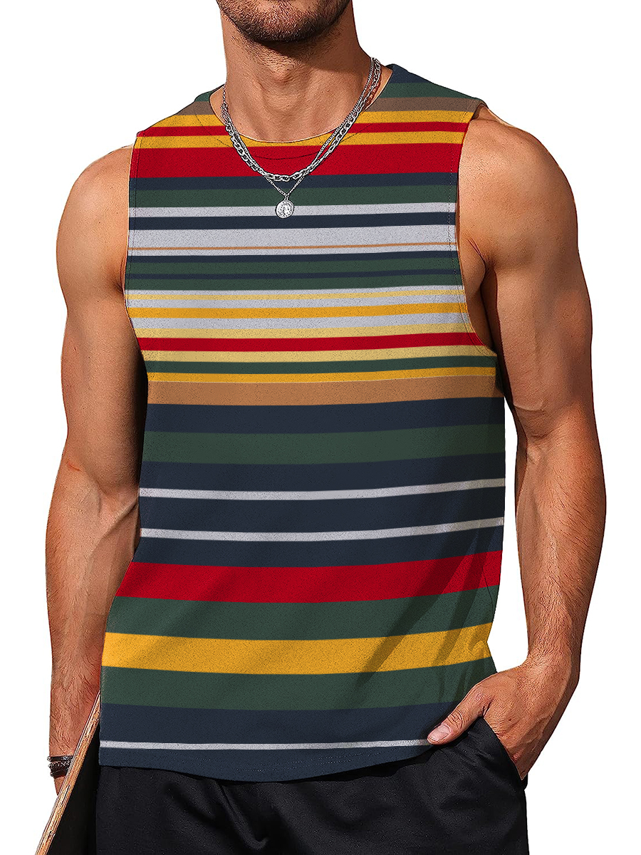 Men's Rainbow Stripes Crew Neck Tank Top Muscle Tee
