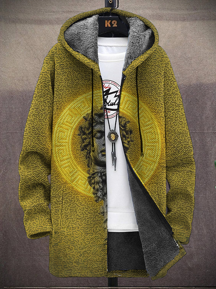 Men's Art Sculpture Pattern Print Hooded Two-Pocket Fleece Cardigan Jacket