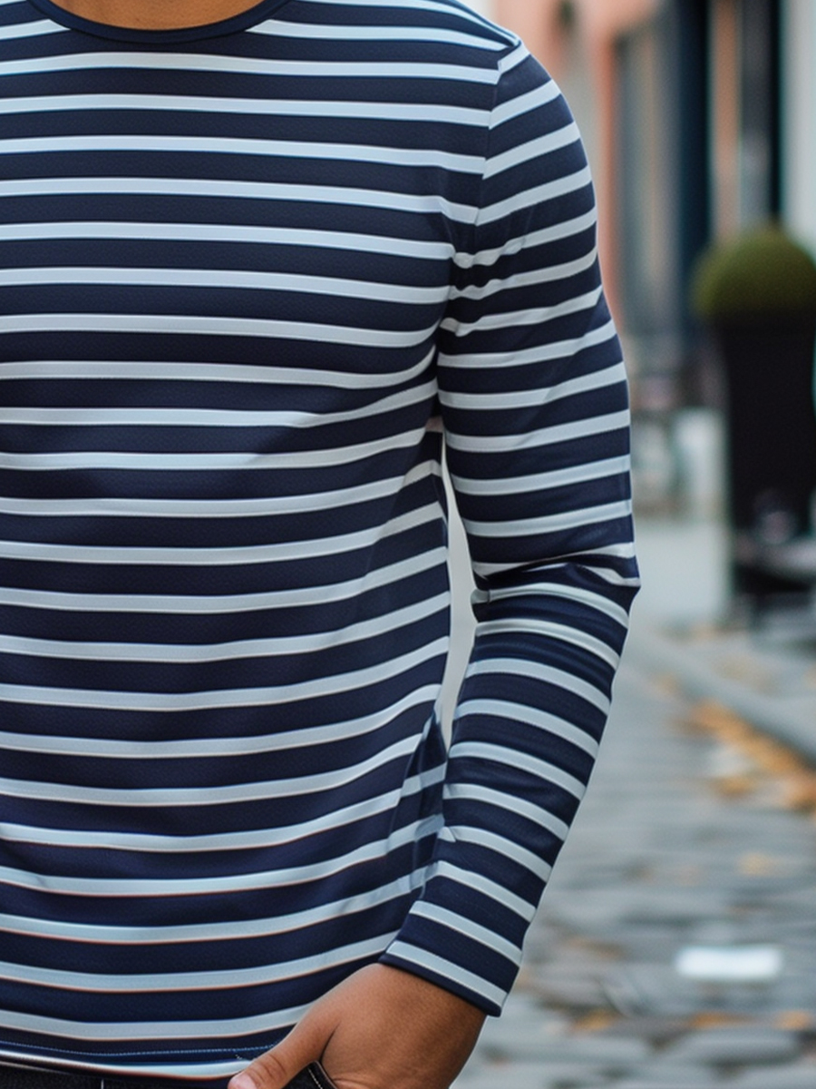 Men's Navy and White Stripes Long Sleeve T-Shirt For Fall