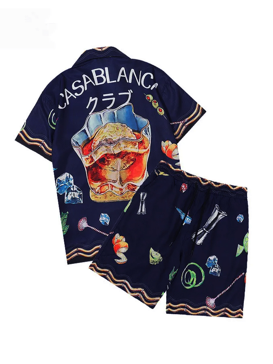 Men's Sets Stylish Casablanca Print Button Pocket Two-Piece Hawaiian Shirt Shorts Set