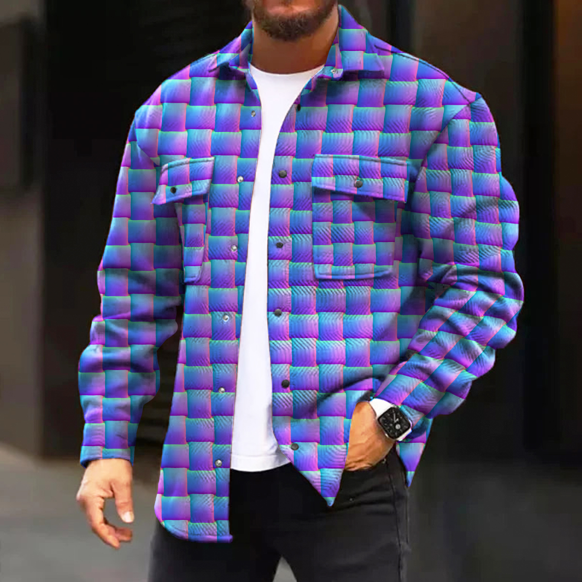Men's Casual Jacket Technology Style Plaid Print Long Sleeve Pockets Jacket