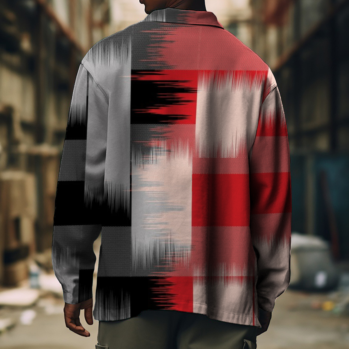 Men's Casual Jacket Fashion Black Red Art Printed Long Sleeve Pocket Jacket