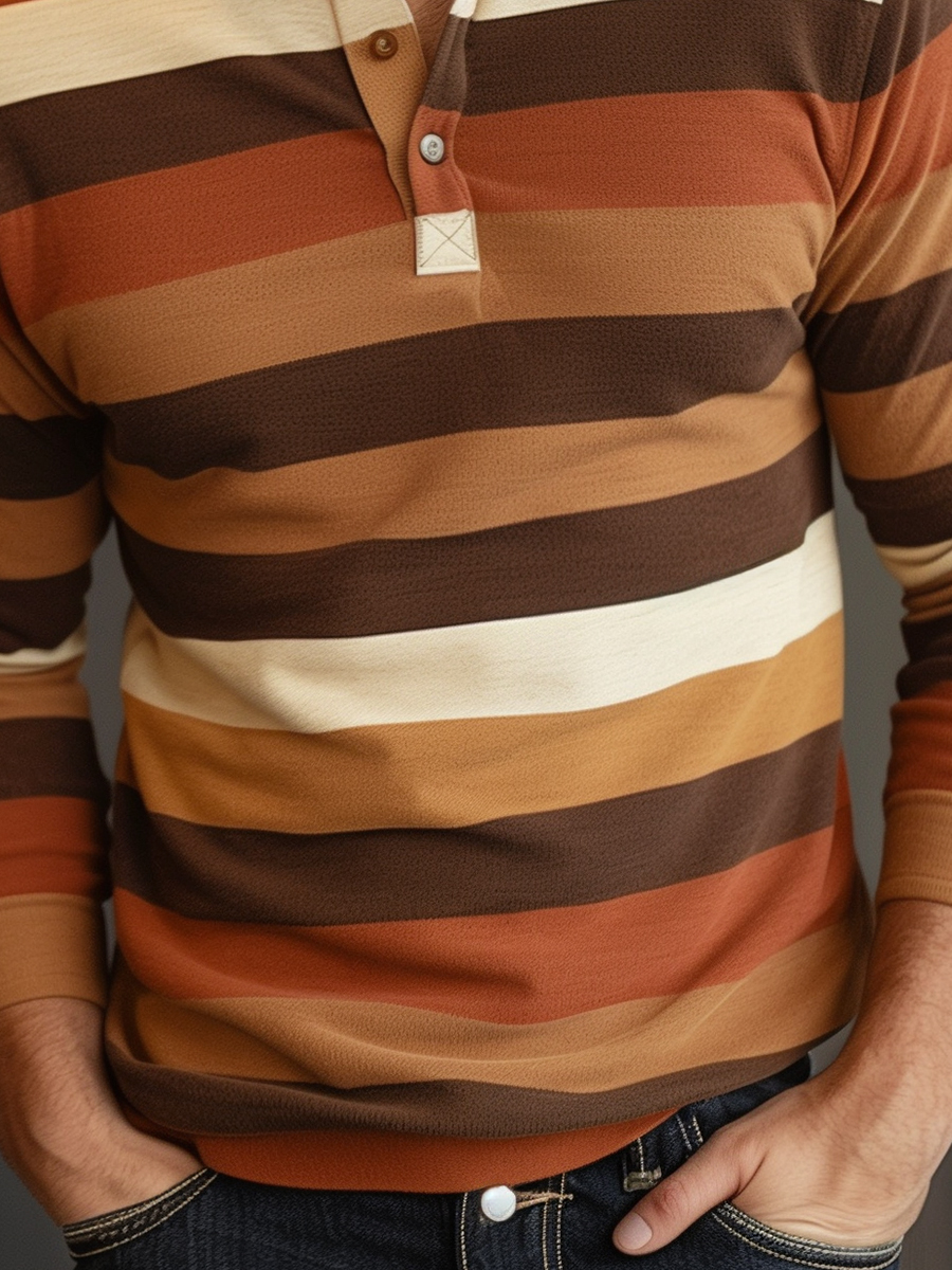 Men's Brown Stripes Long Sleeve Button Polo Shirt