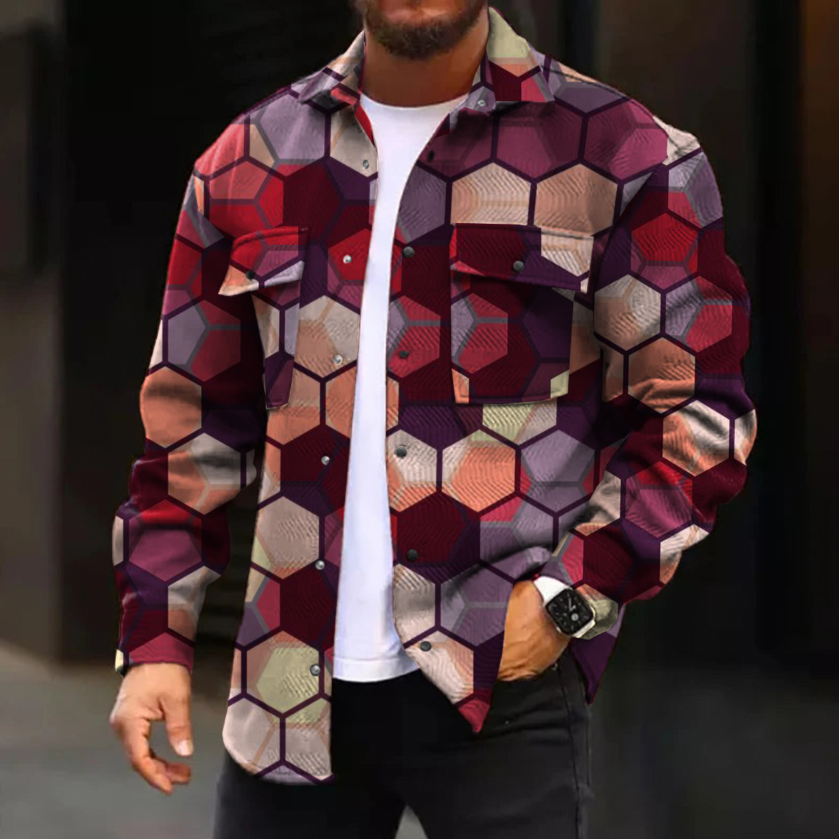 Men's Casual Jacket Hexagon Plaid Print Long Sleeve Pockets Shirt Jacket