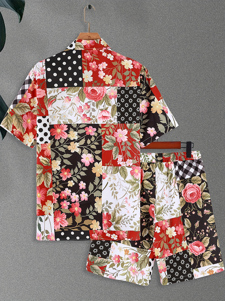 Men's Sets Floral Patchwork Button Down Two-Piece Shirt Shorts Set