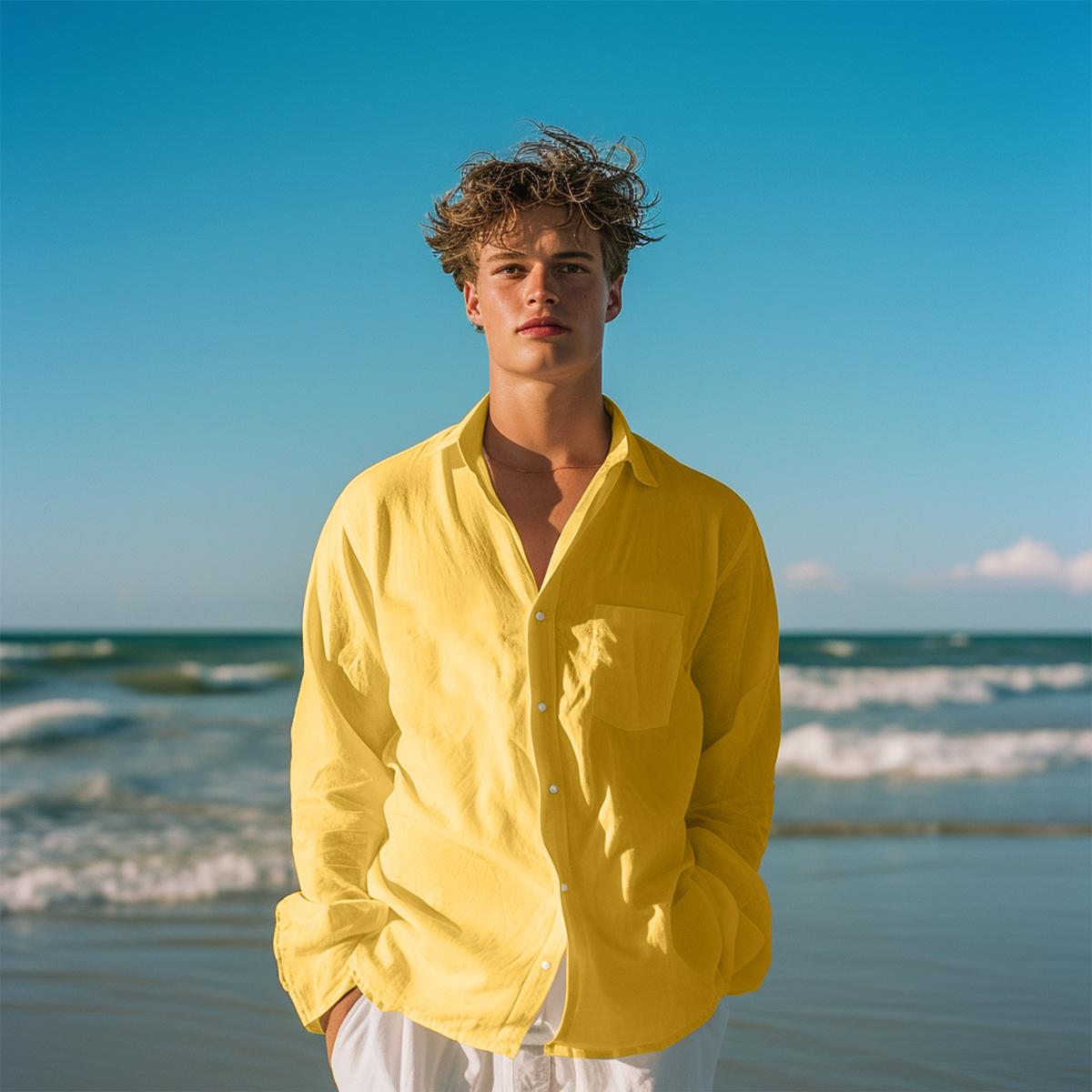 Basic Solid Color Long Sleeve Pocket Hawaiian Shirt