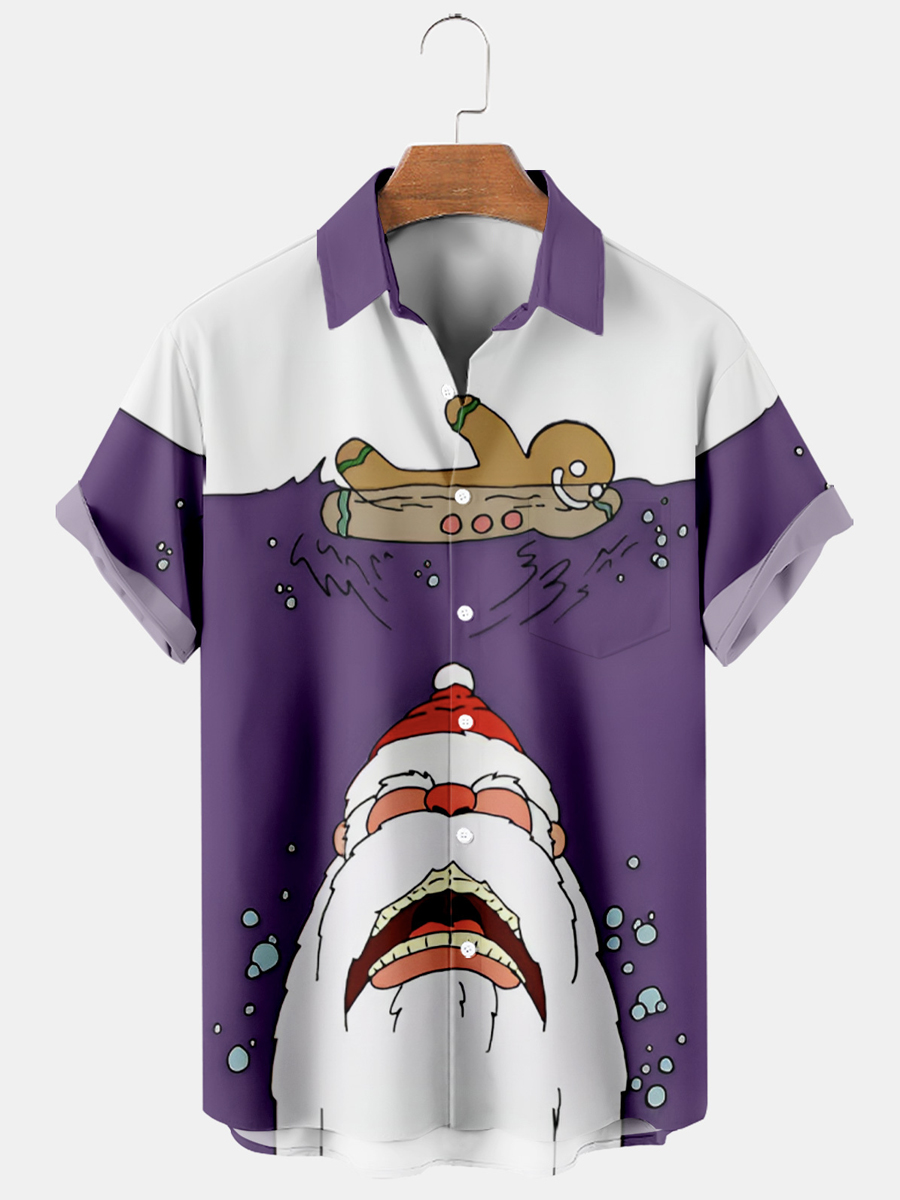 Men's Hawaiian Shirts Fun Christmas Gingerbread Man Santa Swim Print Aloha Shirts