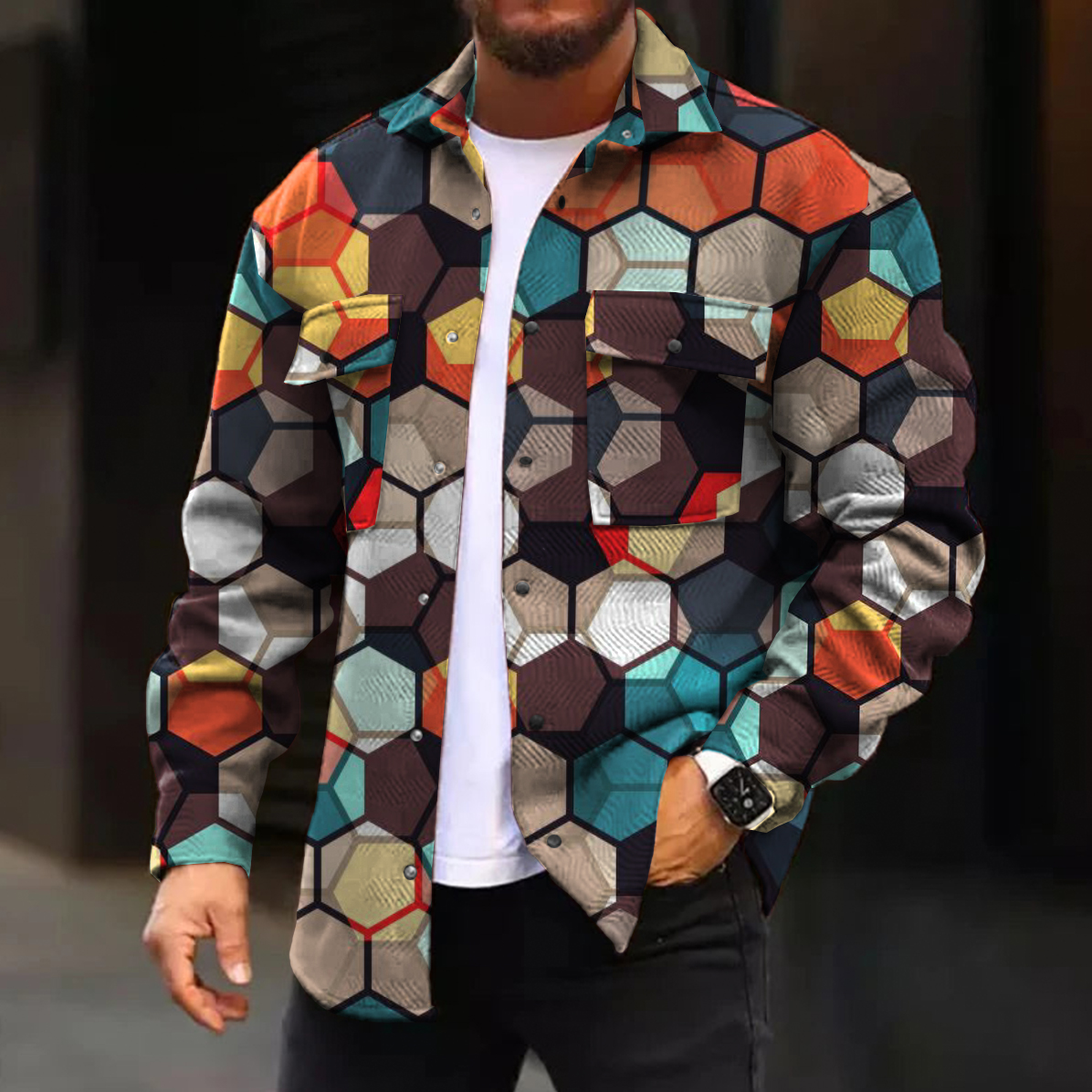 Men's Casual Jacket Hexagon Plaid Print Long Sleeve Pockets Shirt Jacket