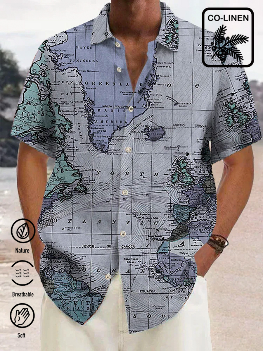 Men's Cotton-Linen Shirt World Map Print Breathable Plus Size Shirts