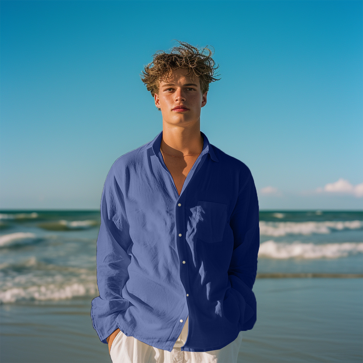 Basic Solid Color Long Sleeve Pocket Hawaiian Shirt