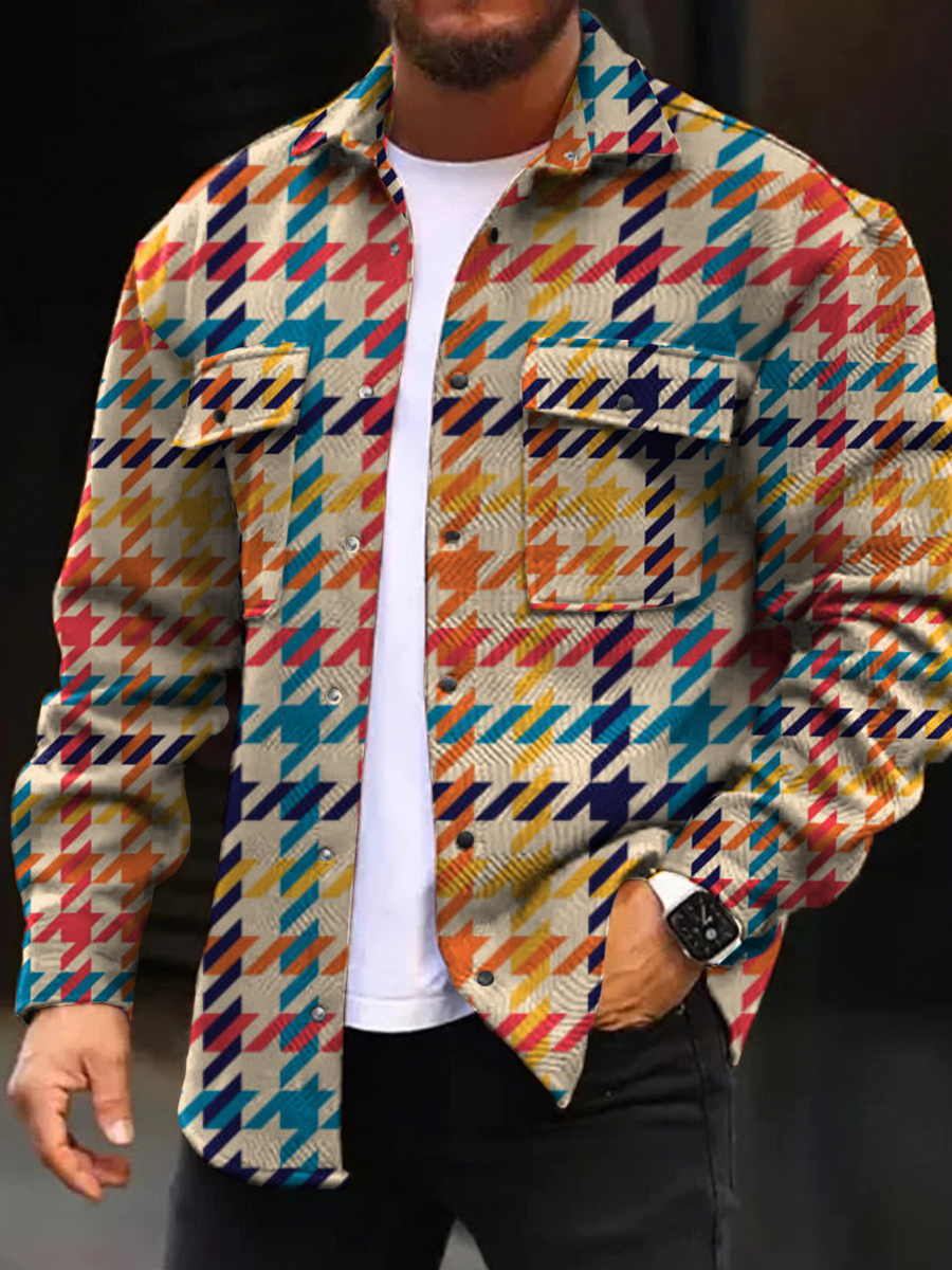 Men's Casual Jacket Houndstooth Pattern Long Sleeve Pockets Shirt Jacket
