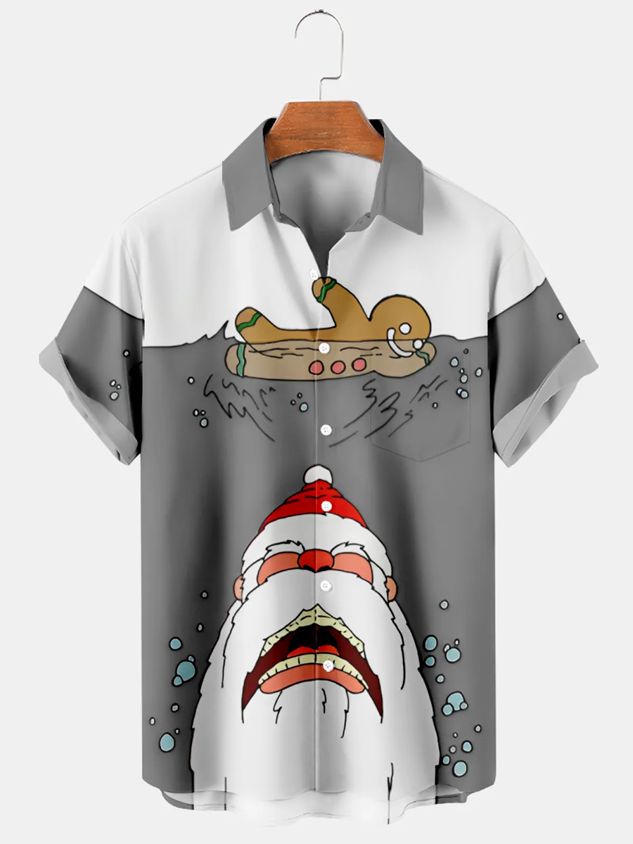 Men's Hawaiian Shirts Fun Christmas Gingerbread Man Santa Swim Print Aloha Shirts
