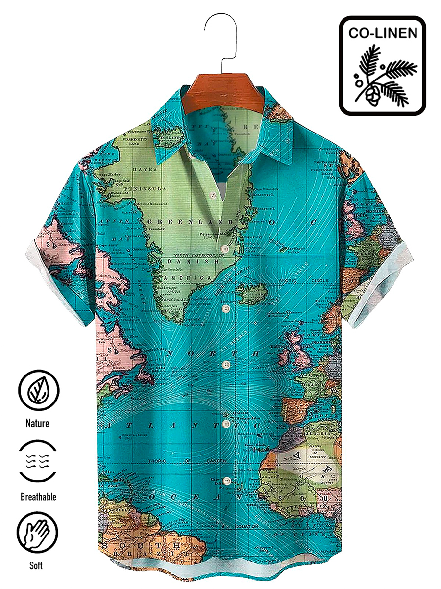 Men's Cotton-Linen Shirt World Map Print Breathable Plus Size Shirts