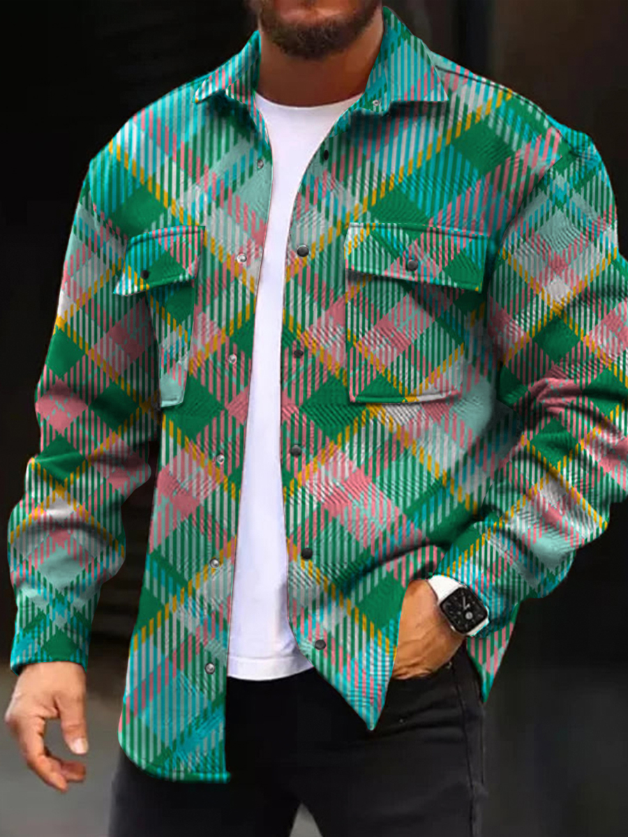 Men's Casual Jacket Fashion Plaid Print Long Sleeve Pocket Jacket