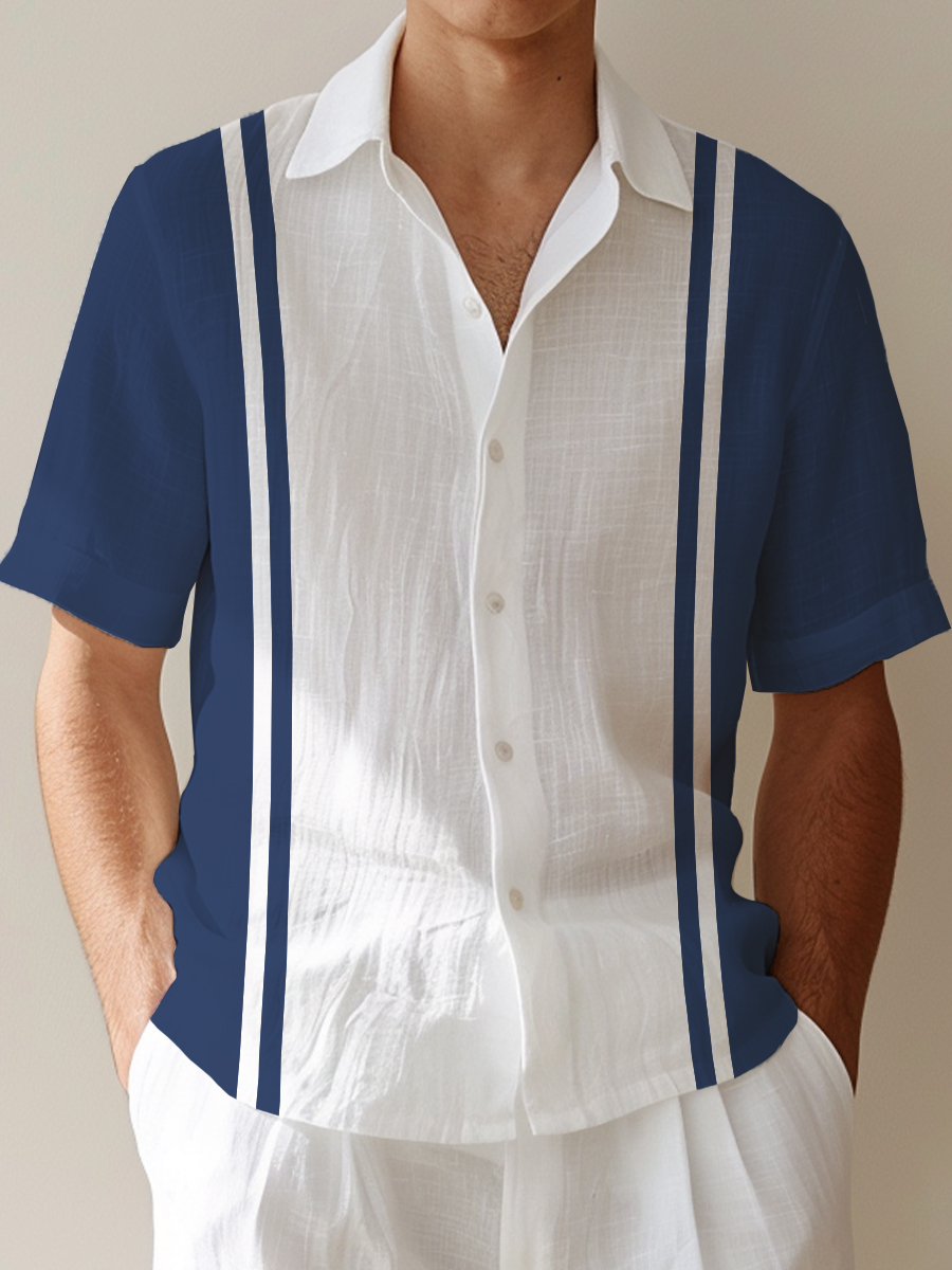 Men's Cotton-Linen Shirts Casual Natural Bowling Style Breathable Summer Lightweight Hawaiian Shirts