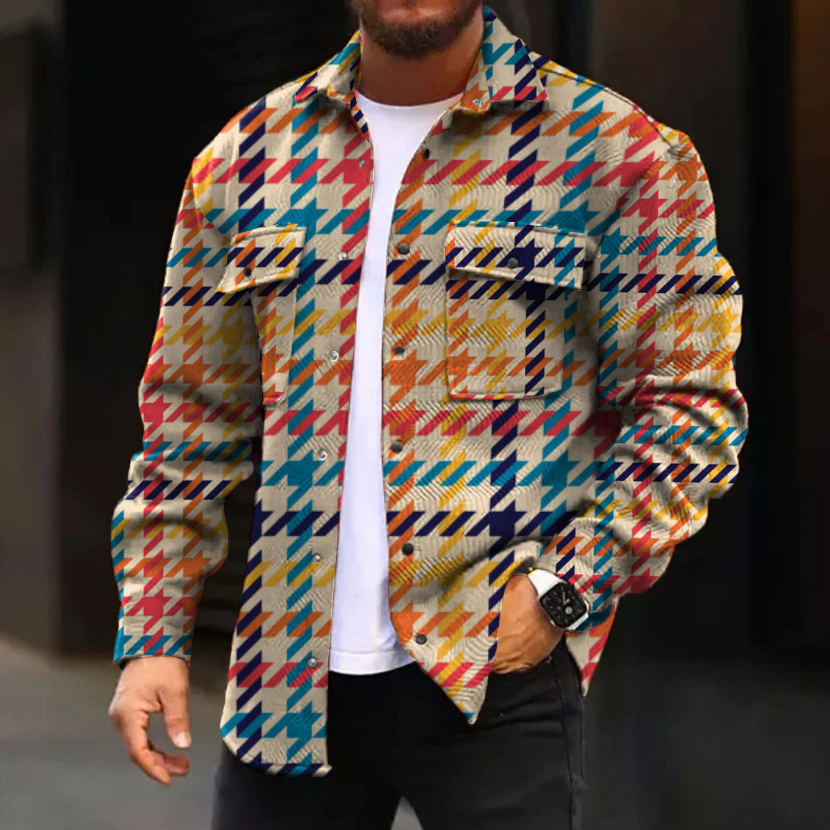 Men's Casual Jacket Houndstooth Pattern Long Sleeve Pockets Shirt Jacket