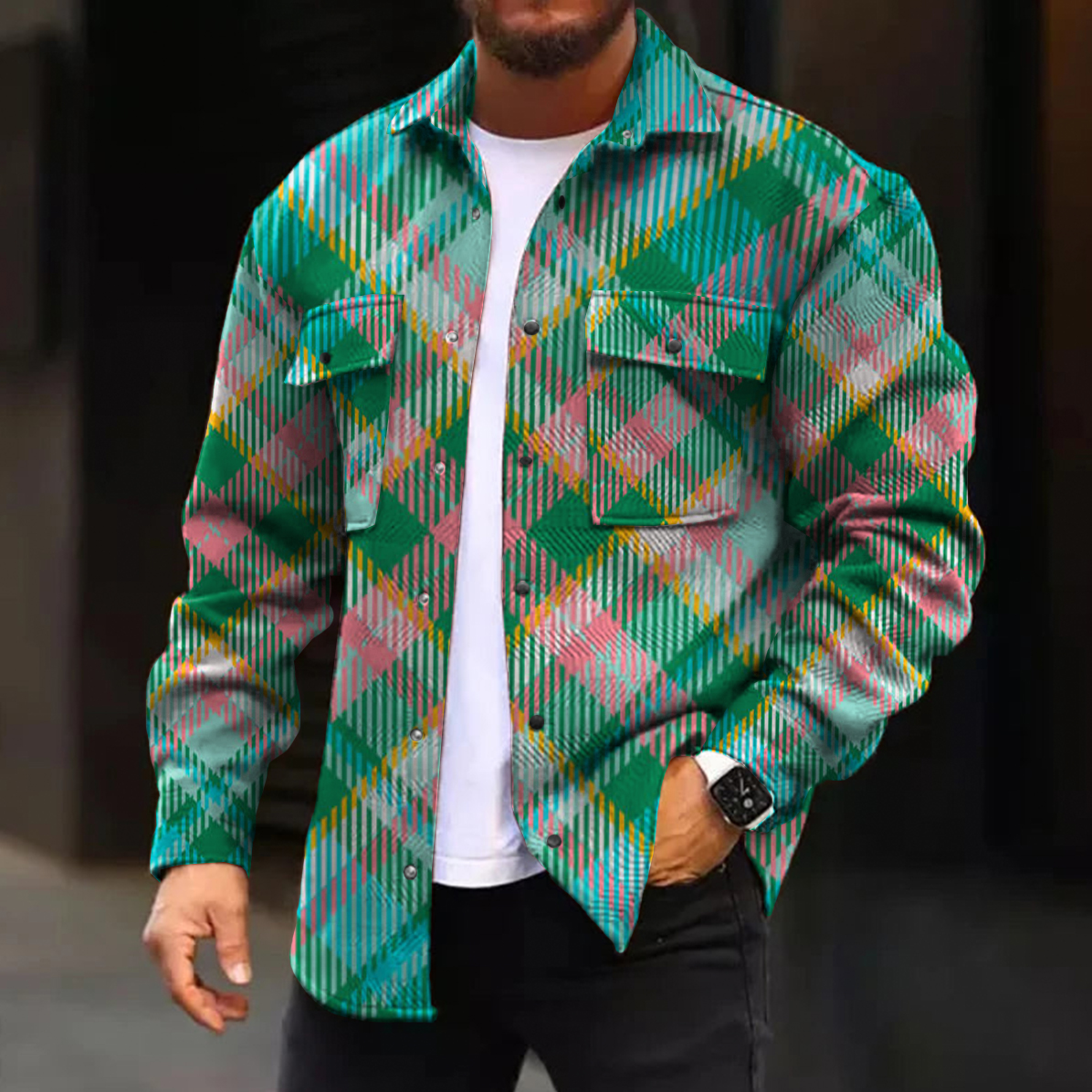 Men's Casual Jacket Fashion Plaid Print Long Sleeve Pocket Jacket