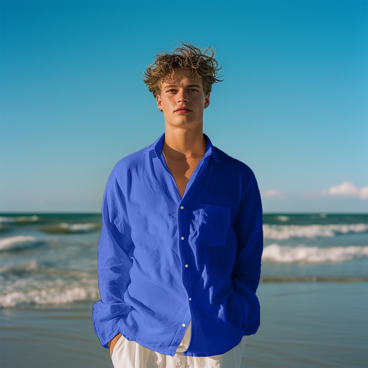 Basic Solid Color Long Sleeve Pocket Hawaiian Shirt