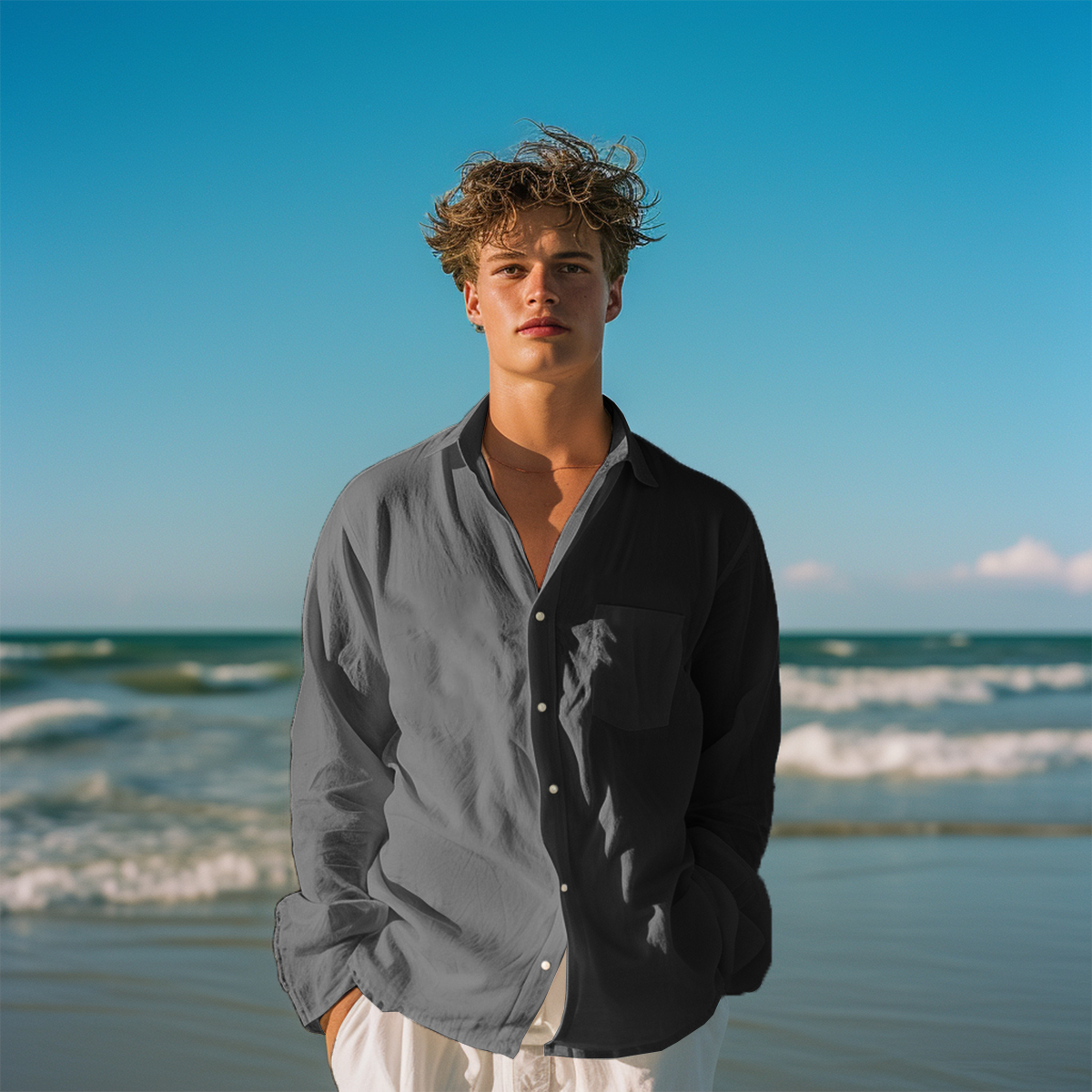 Basic Solid Color Long Sleeve Pocket Hawaiian Shirt