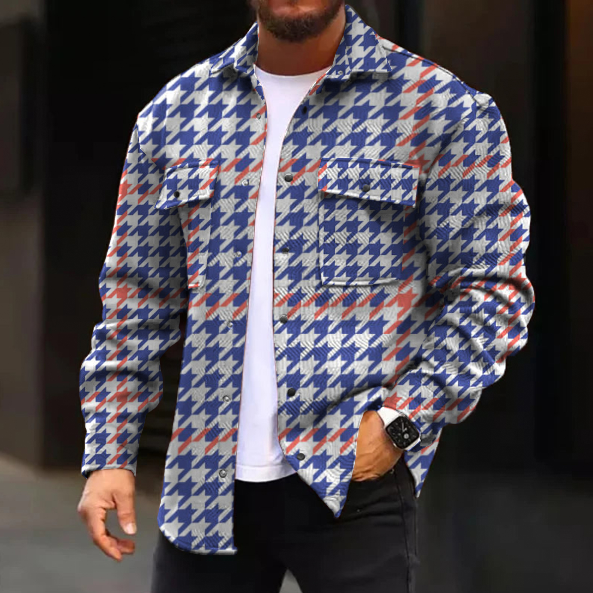 Men's Casual Jacket Houndstooth Pattern Long Sleeve Pockets Shirt Jacket